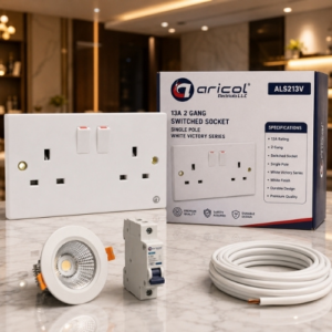 ARICOL 13A 2 GANG SWITCHED SOCKET SINGLE POLE WHITE VICTORY SERIES