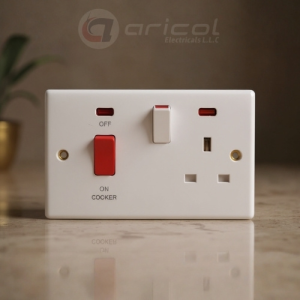 ARICOL 45A SWITCH NEON+13A SWITCHED SOCKET NEON WHITE VICTORY SERIES
