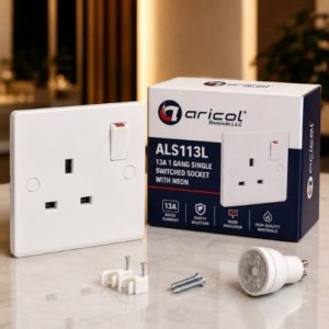 ARICOL 13A 1GANG SINGLE SWITCHED SOCKET WITH NEON LEGEND SERIES