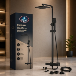 RAYIE BLACK SHOWER RAIL SET SQUARE RAINFALL WITH MIXER